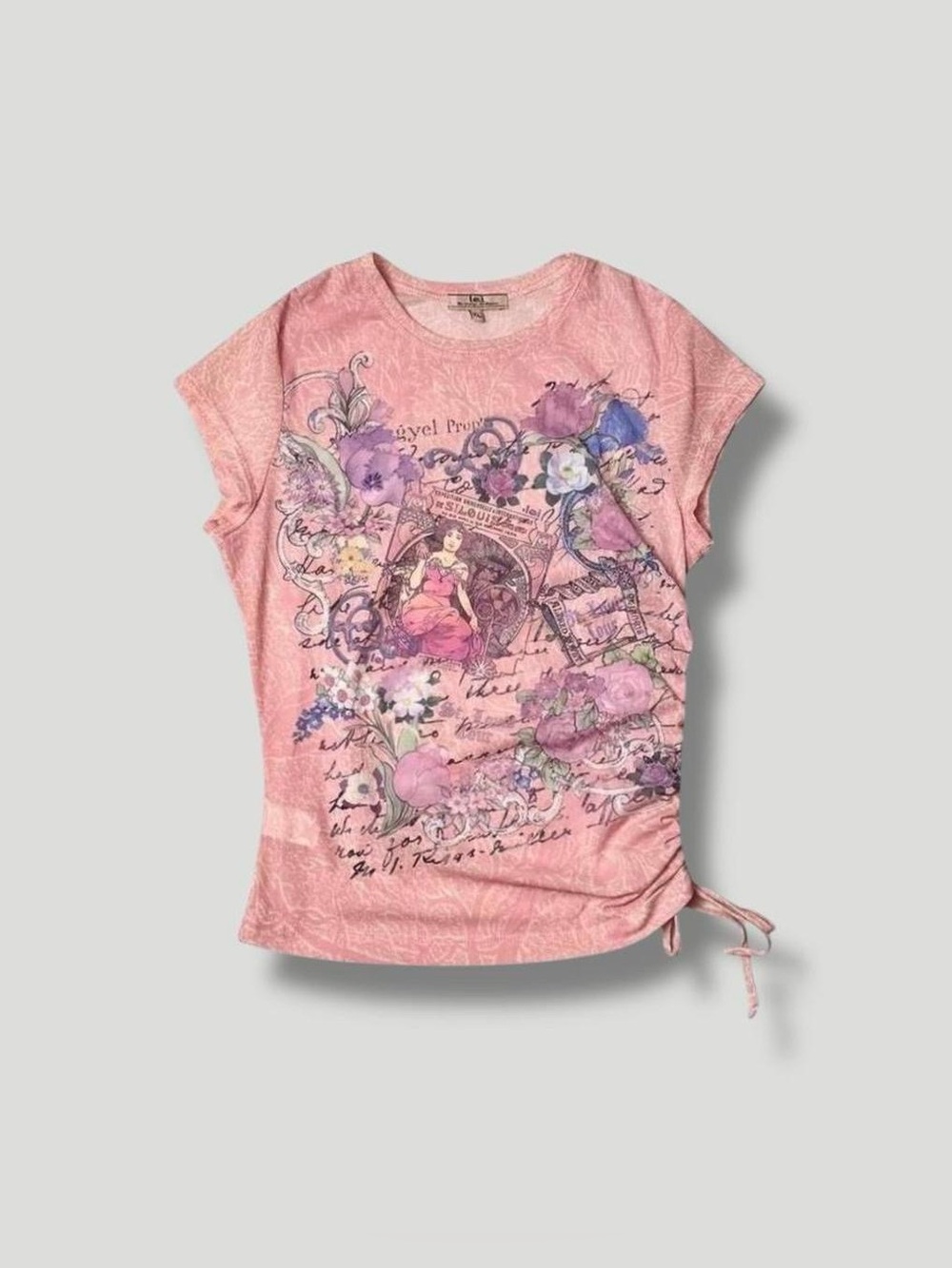 lei 2000s Y2K Art Nouveau Graphic Asymmetrical Ruched Sheer Pink Mesh Top XL